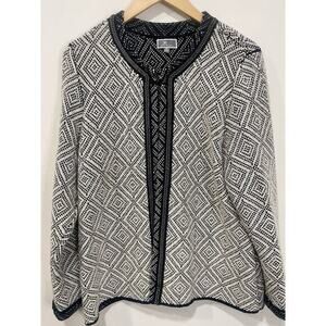 JM Collection‎ Women Cardigan Sweater Size X-Large White Black Accent Trim Open